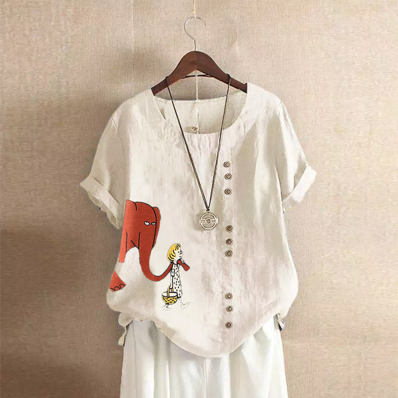 Girl And Elephant Print Vintage Blouse