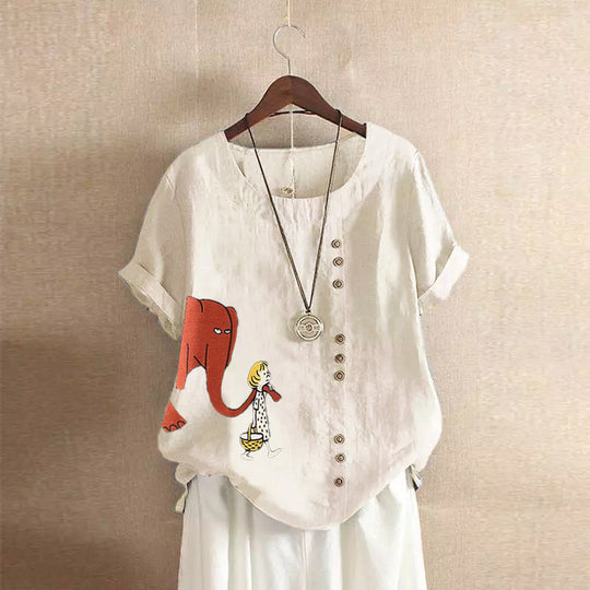Girl And Elephant Print Vintage Blouse