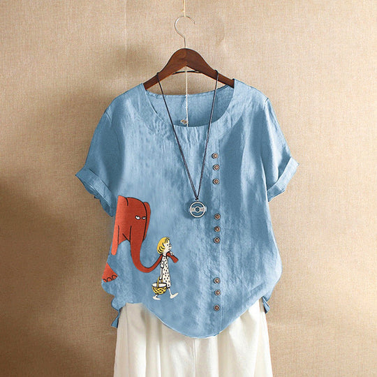 Girl And Elephant Print Vintage Blouse