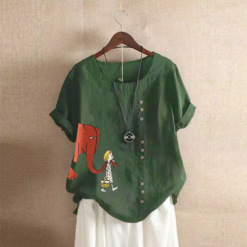 Girl And Elephant Print Vintage Blouse