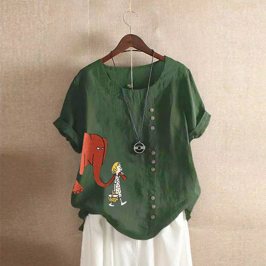 Girl And Elephant Print Vintage Blouse
