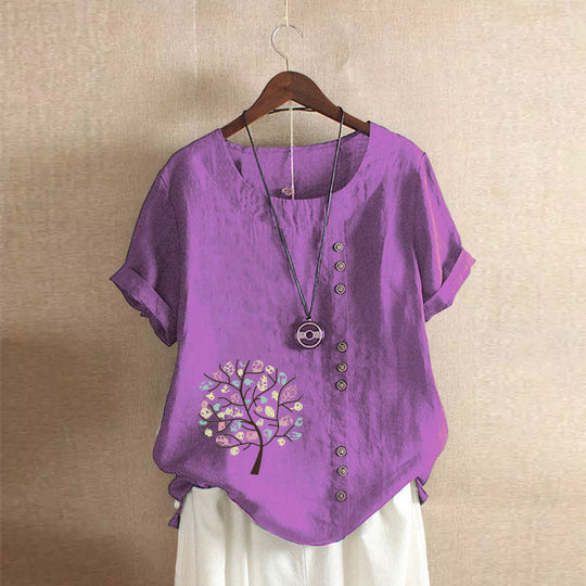 Happy Tree Print Vintage Cotton Blouse