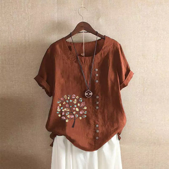 Happy Tree Print Vintage Cotton Blouse