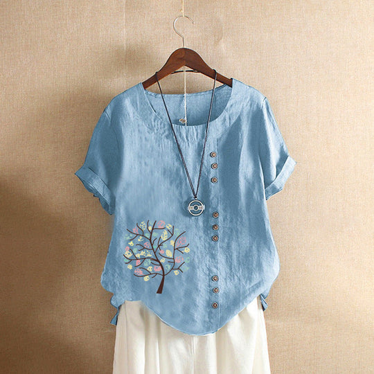 Happy Tree Print Vintage Cotton Blouse
