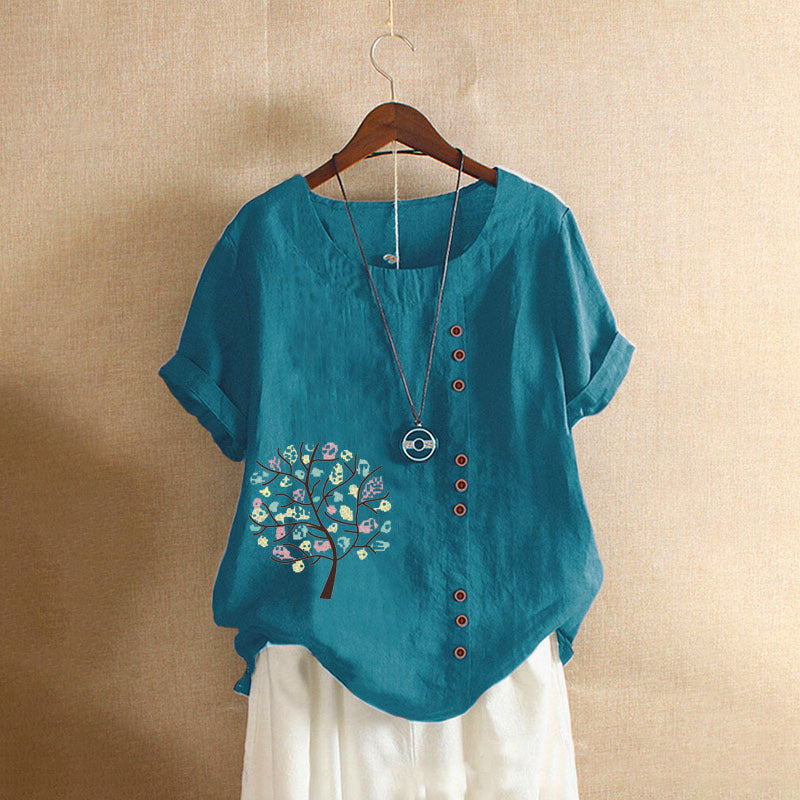 Happy Tree Print Vintage Cotton Blouse