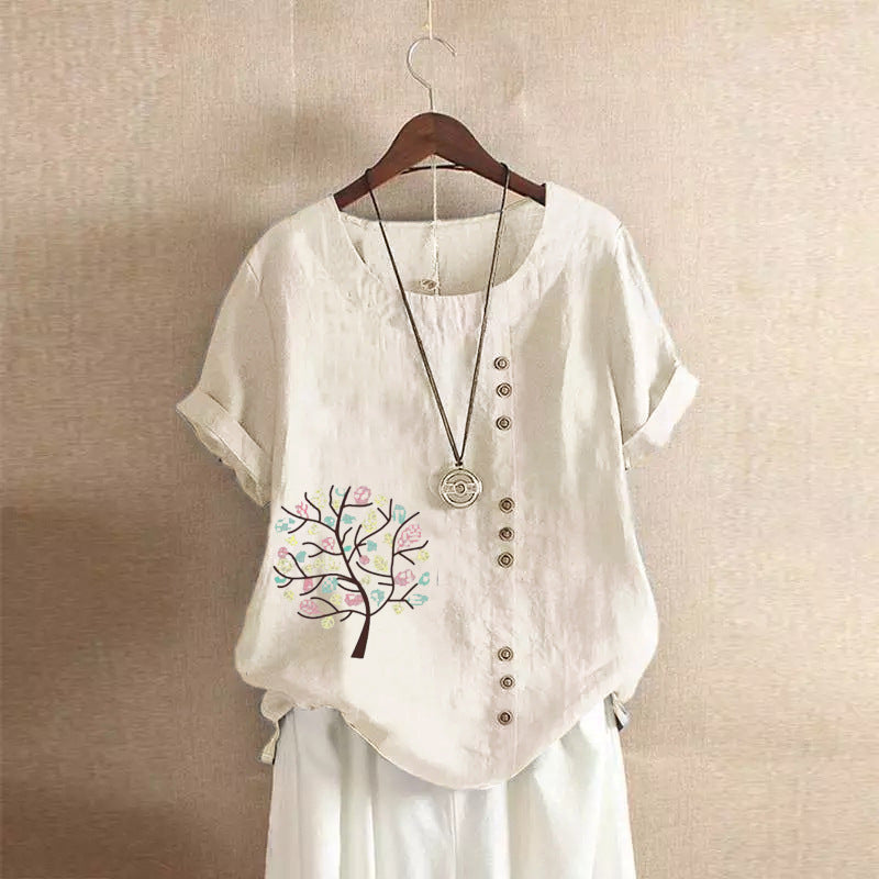 Happy Tree Print Vintage Cotton Blouse