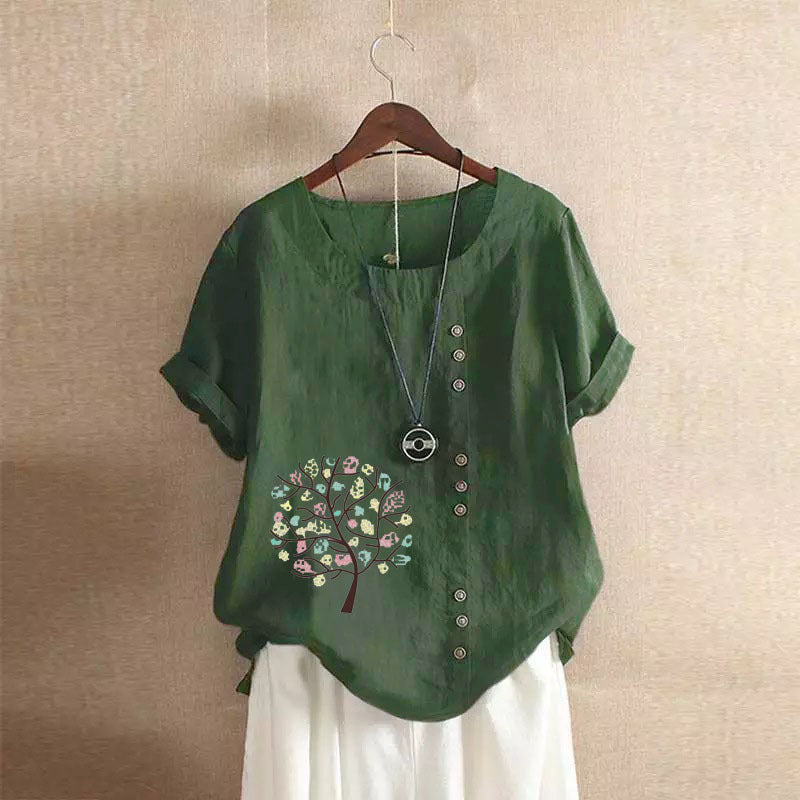 Happy Tree Print Vintage Cotton Blouse