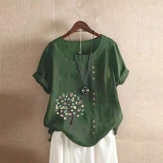 Happy Tree Print Vintage Cotton Blouse