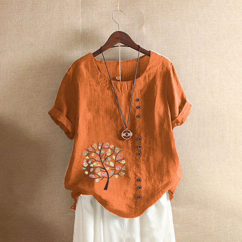 Happy Tree Print Vintage Cotton Blouse