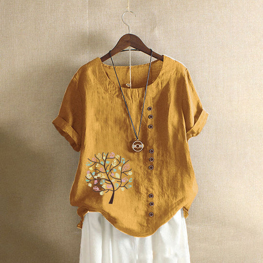 Happy Tree Print Vintage Cotton Blouse