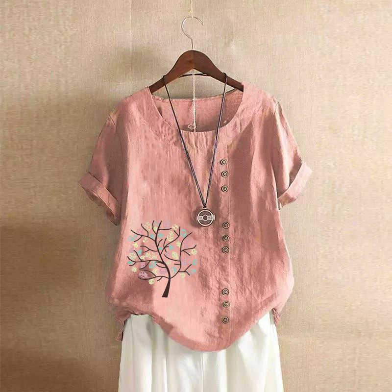 Happy Tree Print Vintage Cotton Blouse