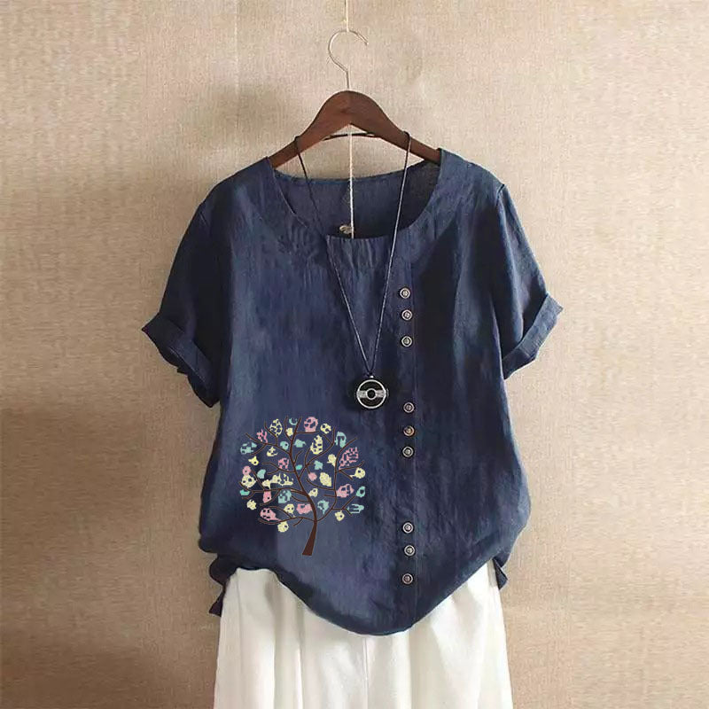 Happy Tree Print Vintage Cotton Blouse