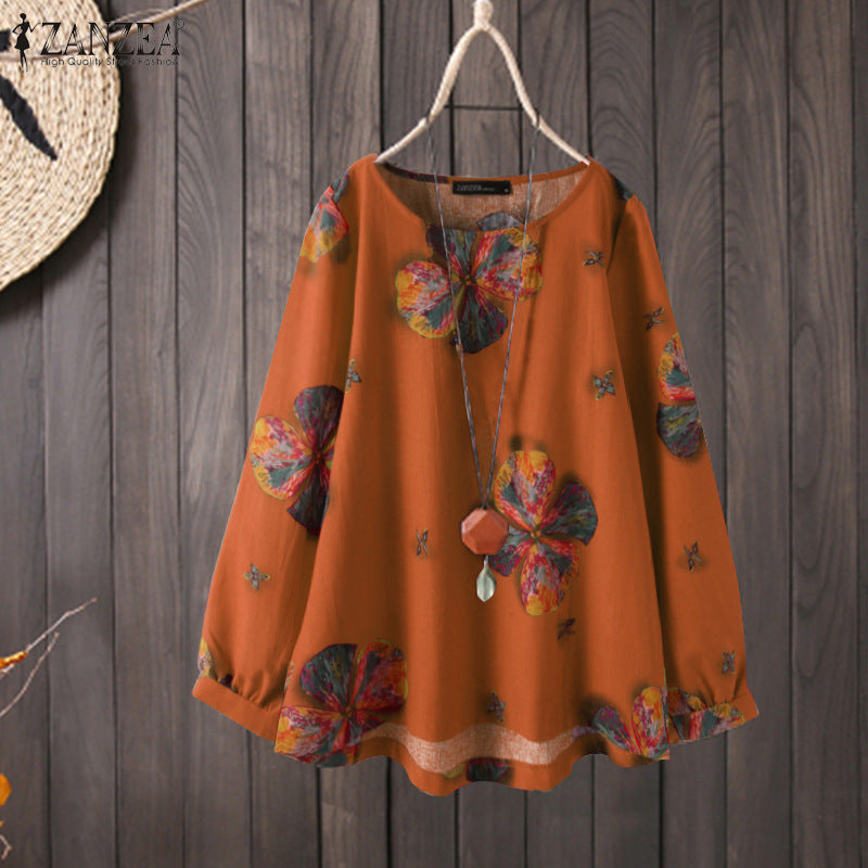 Flower Print Long Sleeves Blouse