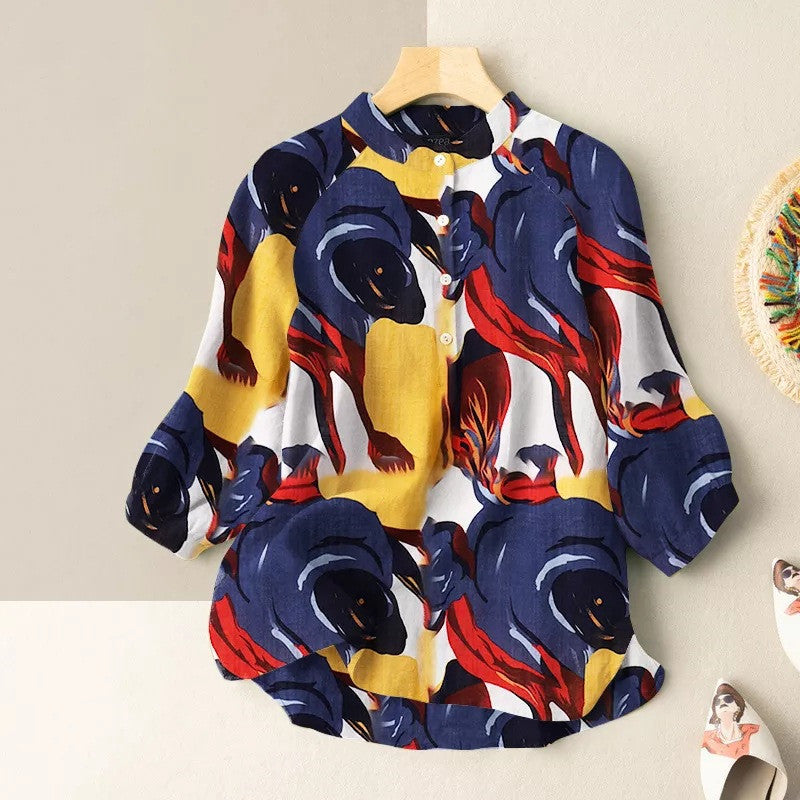 Abstract Print Lantern Sleeve Mandarin Collar Blouse