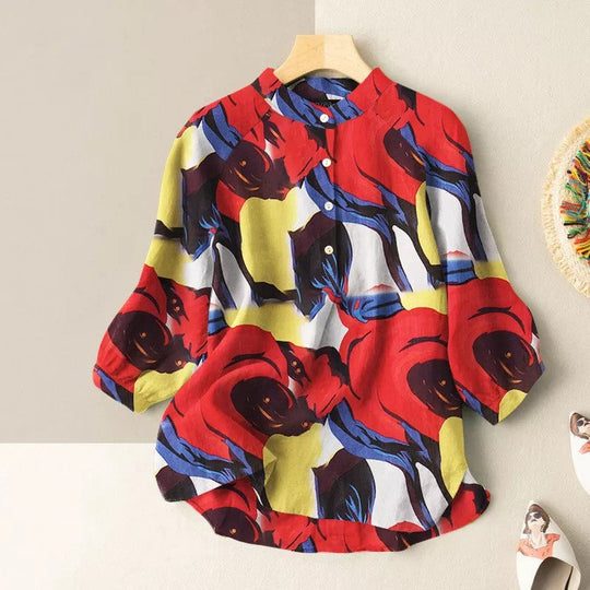 Abstract Print Lantern Sleeve Mandarin Collar Blouse