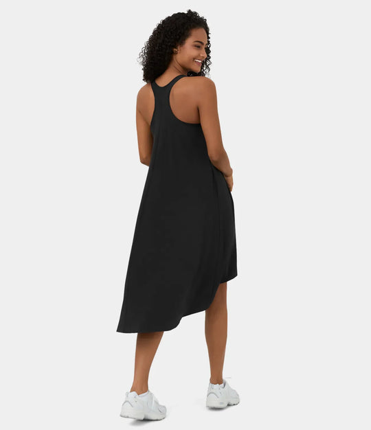 Midi Casual Dress With Backless Racerback And Side Pocket
