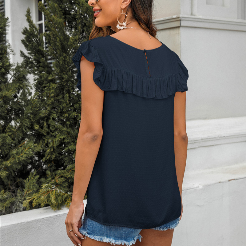 Flounce Lace Neck Design Sleeves Less Blouse