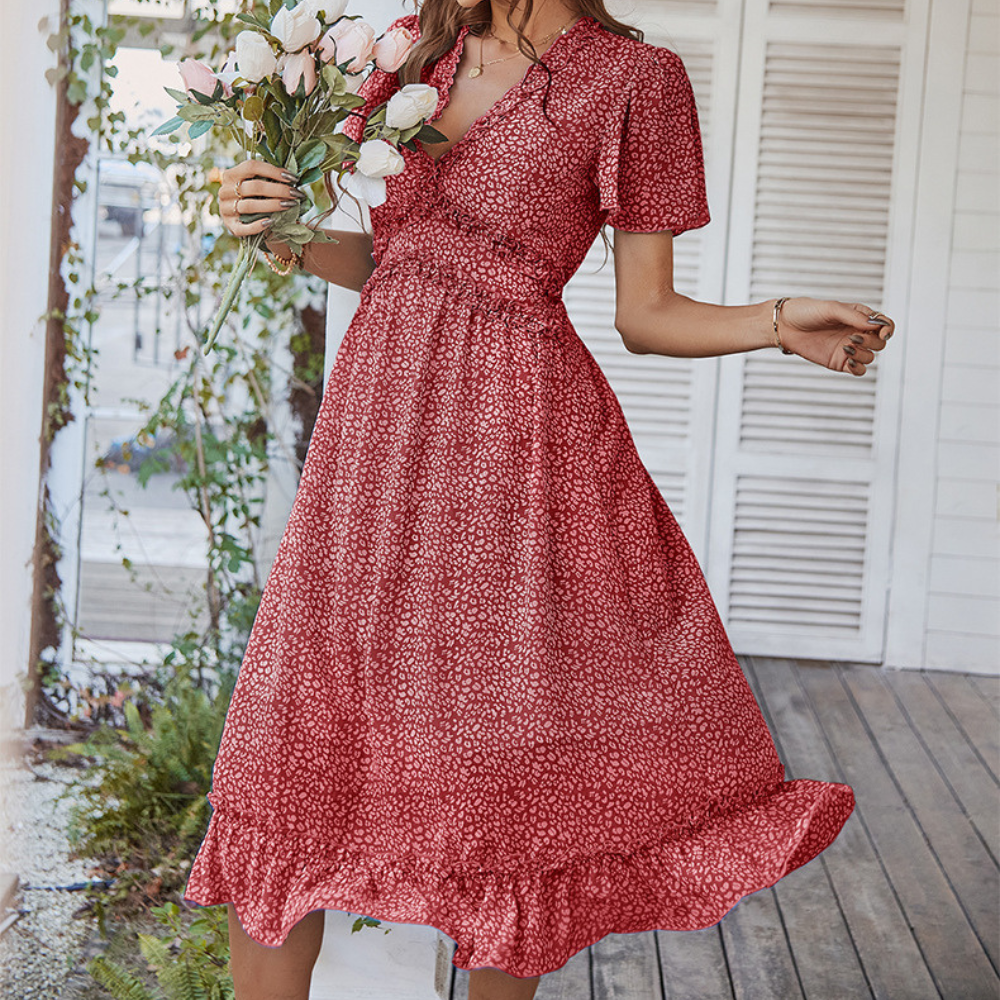 Pleated Ruffle Neck And Waist Dots Print Maxi Dress