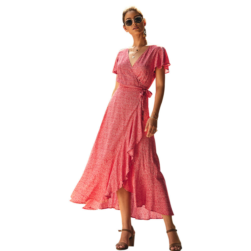 Wrapped Around Ruffled Boho Floral Print Maxi Dress