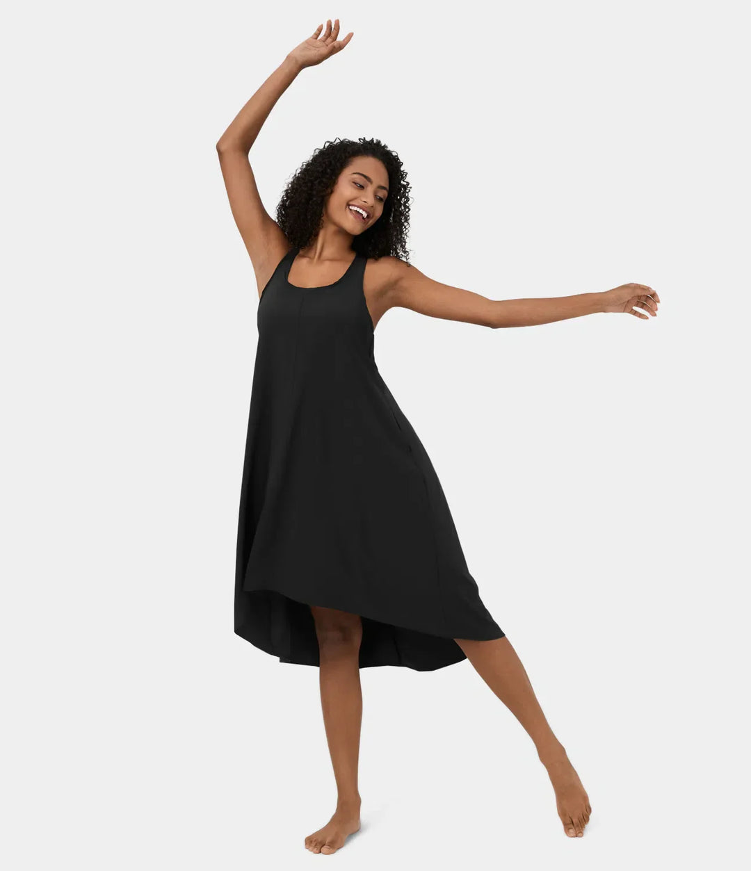 Midi Casual Dress With Backless Racerback And Side Pocket