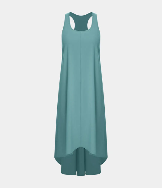 Midi Casual Dress With Backless Racerback And Side Pocket