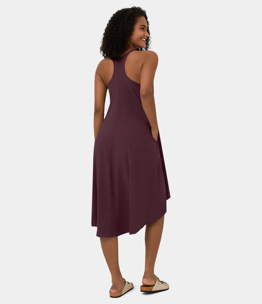 Midi Casual Dress With Backless Racerback And Side Pocket