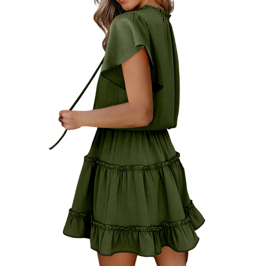 Flounce Sleeve V- Neck Casual Dress