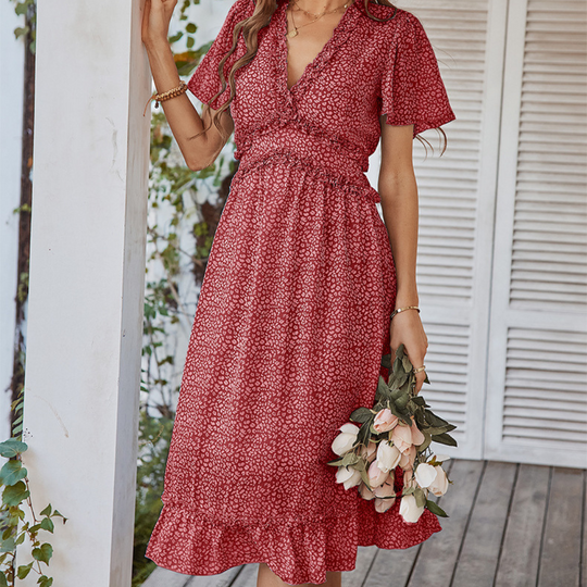 Pleated Ruffle Neck And Waist Dots Print Maxi Dress