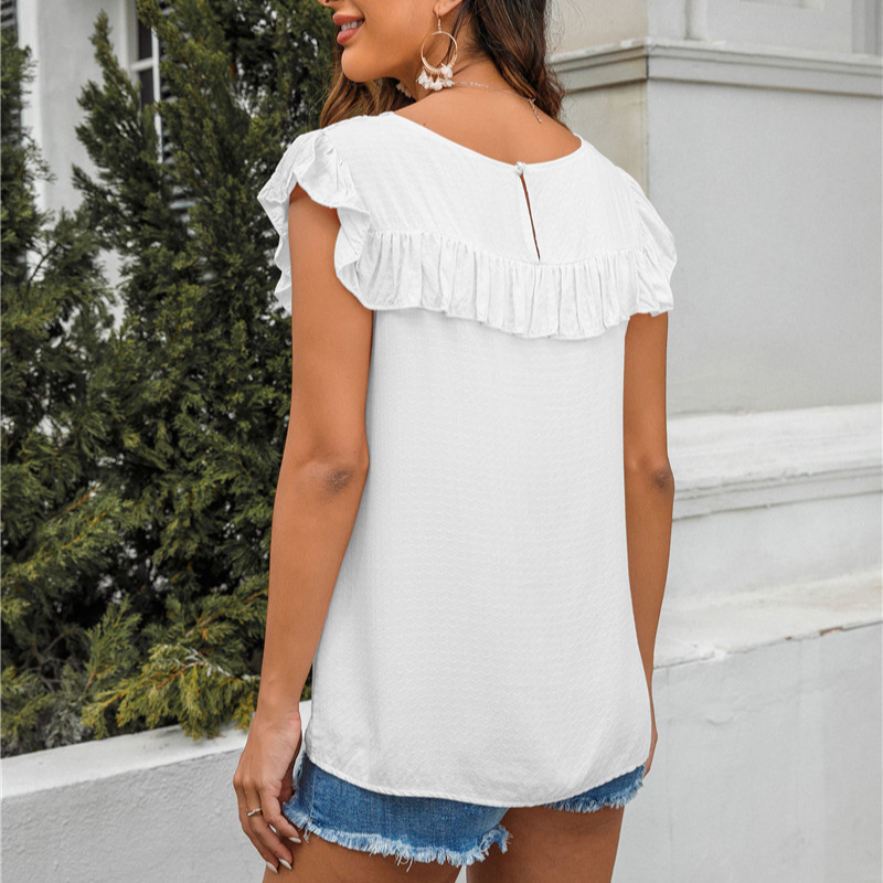 Flounce Lace Neck Design Sleeves Less Blouse
