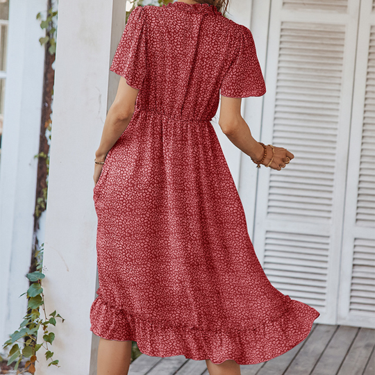 Pleated Ruffle Neck And Waist Dots Print Maxi Dress