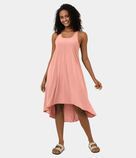 Midi Casual Dress With Backless Racerback And Side Pocket