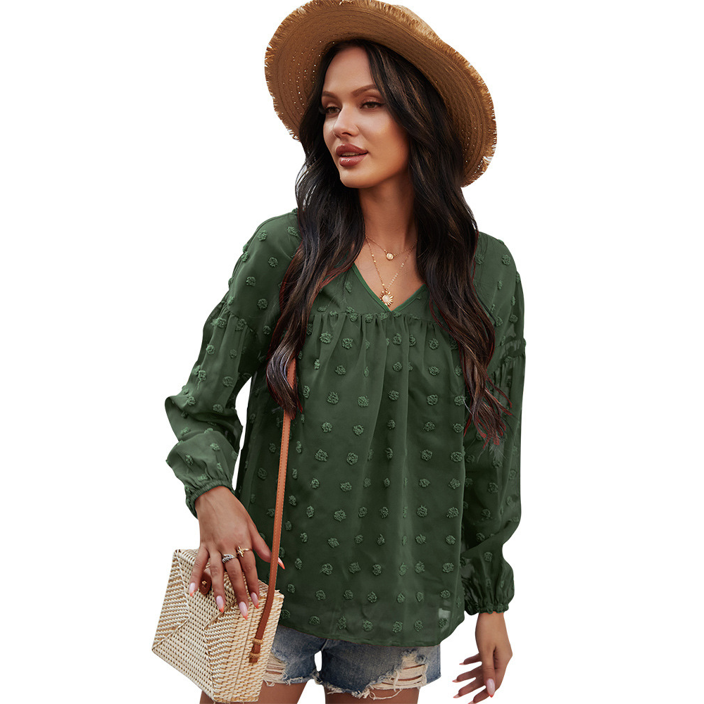 V-Neck Polka Dots Ruffled Blouse