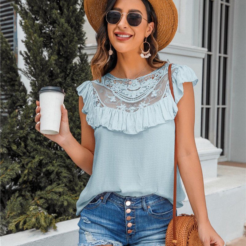 Flounce Lace Neck Design Sleeves Less Blouse