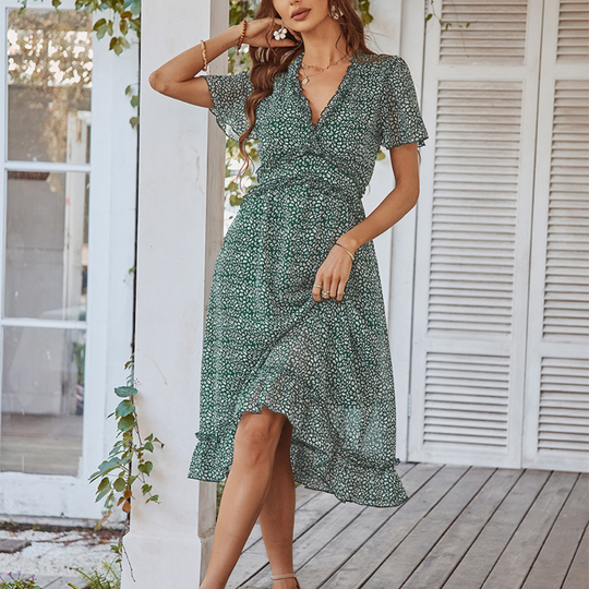 Pleated Ruffle Neck And Waist Dots Print Maxi Dress
