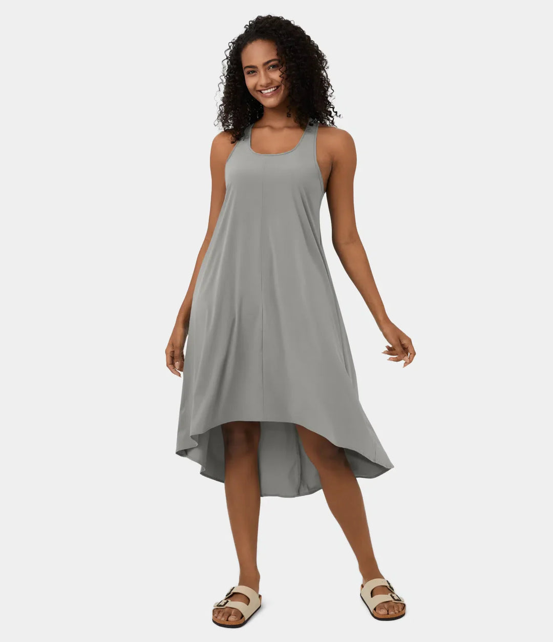 Midi Casual Dress With Backless Racerback And Side Pocket