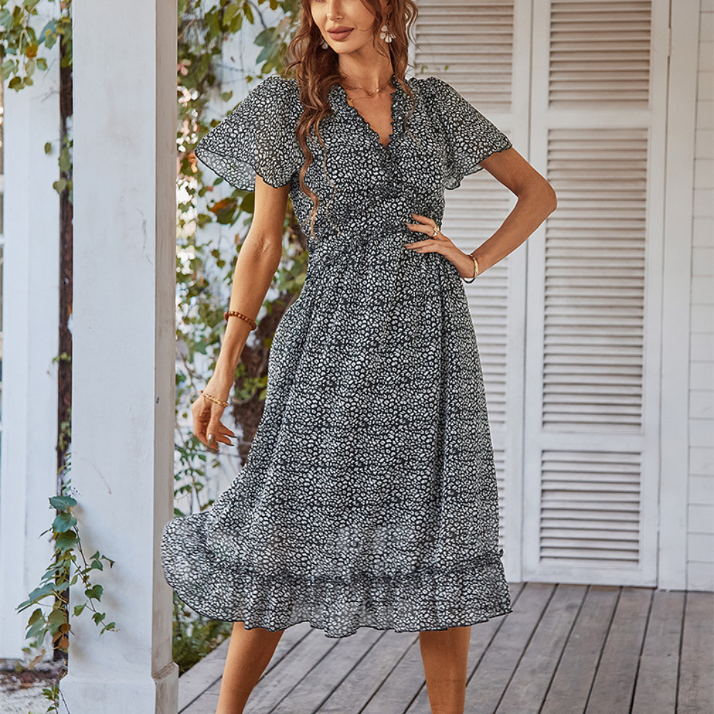 Pleated Ruffle Neck And Waist Dots Print Maxi Dress
