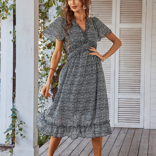 Pleated Ruffle Neck And Waist Dots Print Maxi Dress