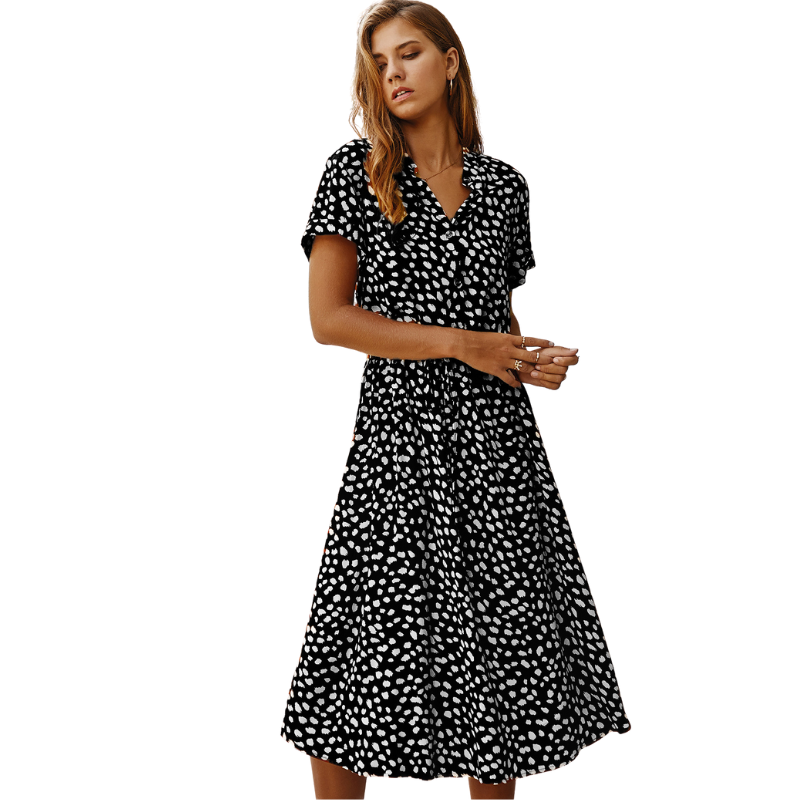 Shirt Collar Waist Tie Dot Print Maxi Dress