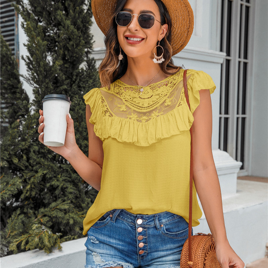 Flounce Lace Neck Design Sleeves Less Blouse