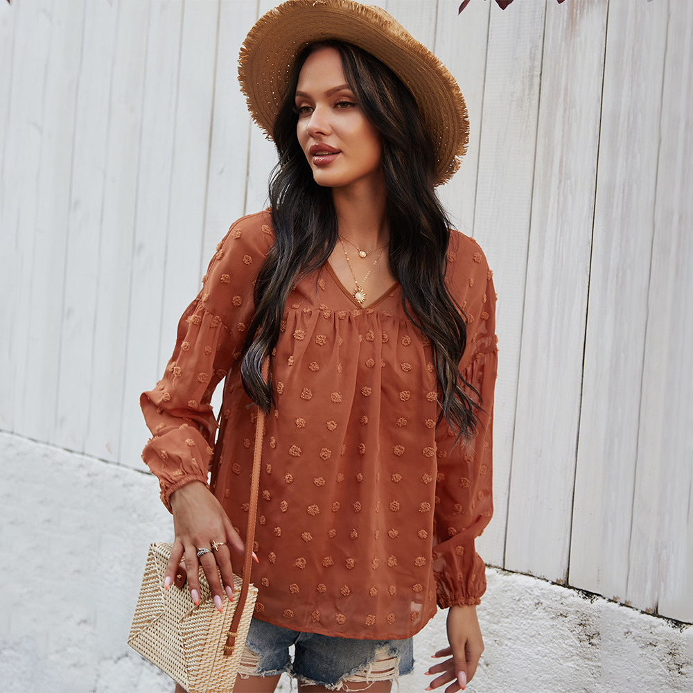 V-Neck Polka Dots Ruffled Blouse