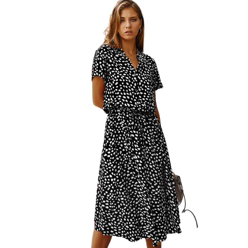 Shirt Collar Waist Tie Dot Print Maxi Dress