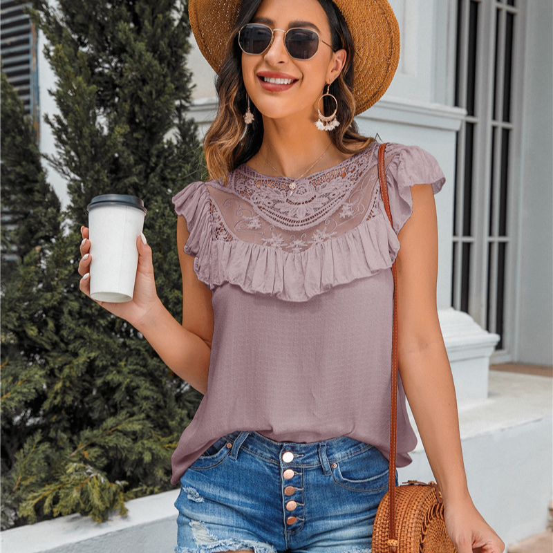 Flounce Lace Neck Design Sleeves Less Blouse