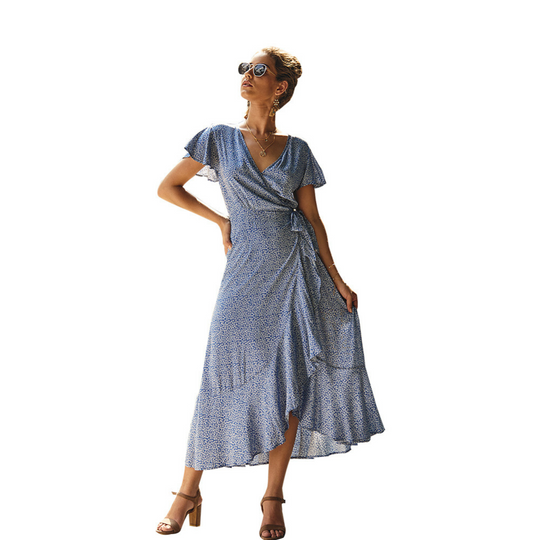 Wrapped Around Ruffled Boho Floral Print Maxi Dress