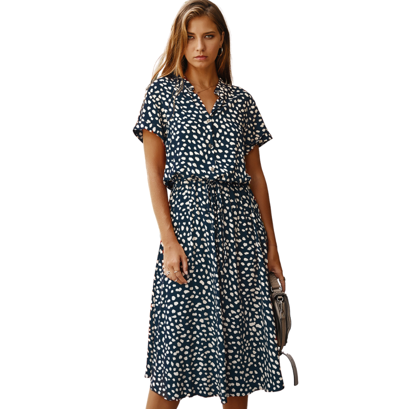 Shirt Collar Waist Tie Dot Print Maxi Dress