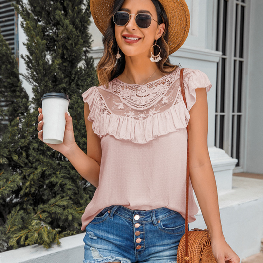 Flounce Lace Neck Design Sleeves Less Blouse