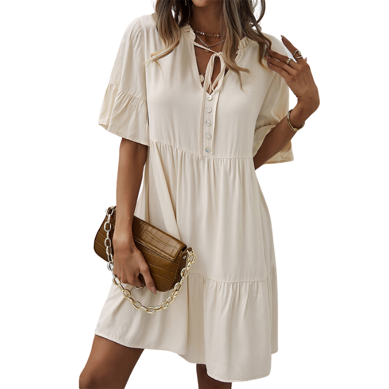 Semi Collar Flared Short Sleeves Midi Drees