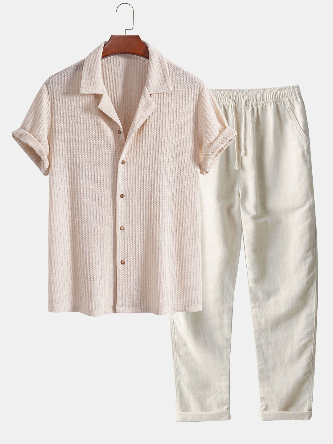 Short sleeve knit waffle Cuban shirt and straight leg linen pants
