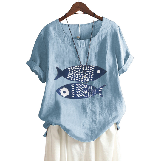 Fish Print Half Sleeves Blouse