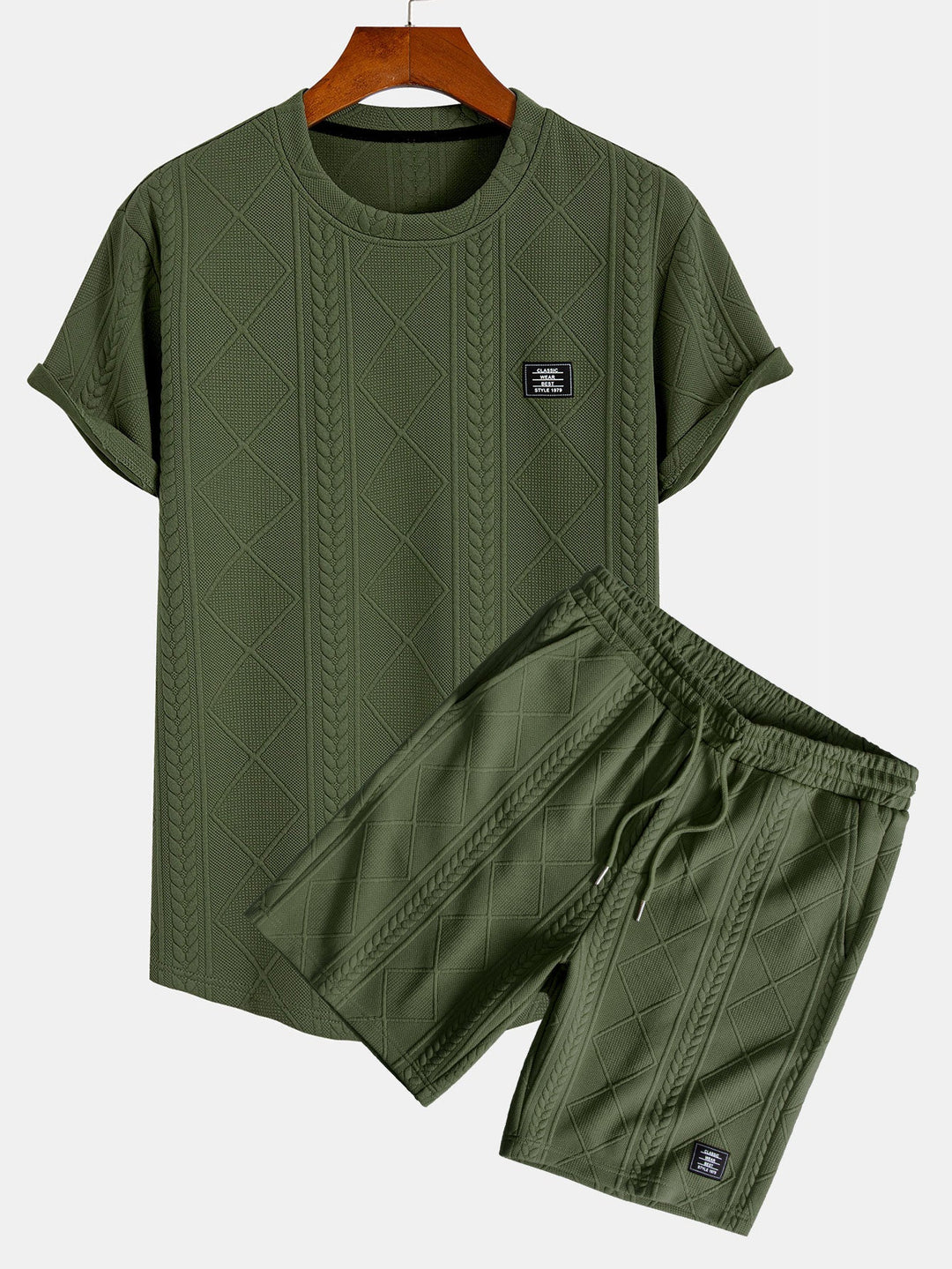 Short sleeve geometric jacquard bow hemT-Shirt& Shorts