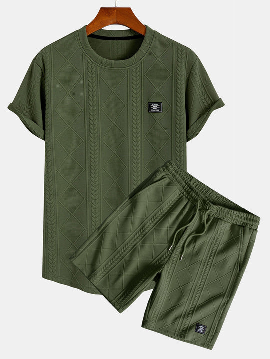 Short sleeve geometric jacquard bow hemT-Shirt& Shorts